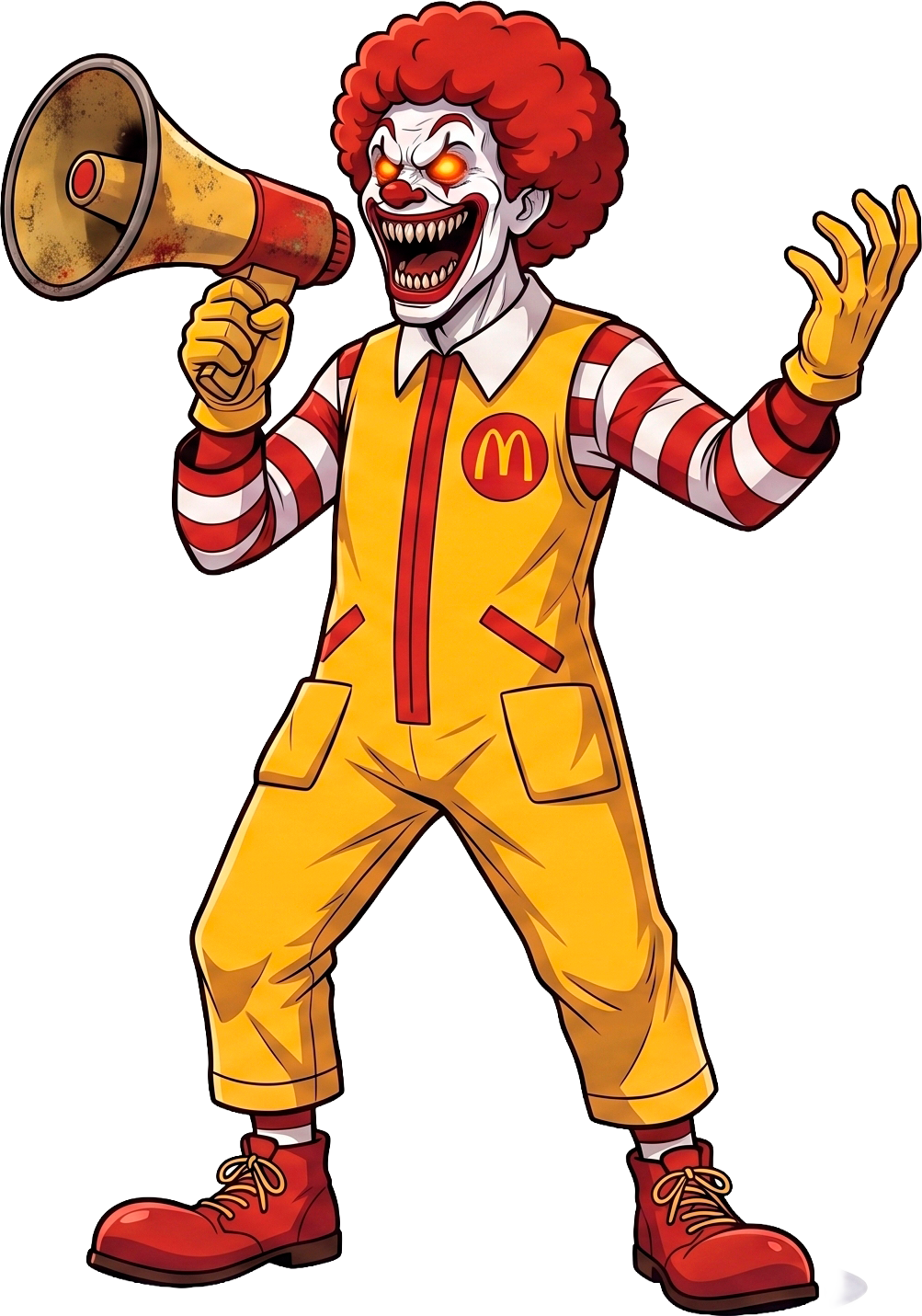 Ronald McDonald screaming calls into a megaphone